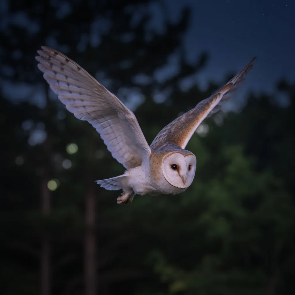 A barn owl in silent flight at night, wings spread, pale heart-shaped face and large golden eyes catching the moonlight