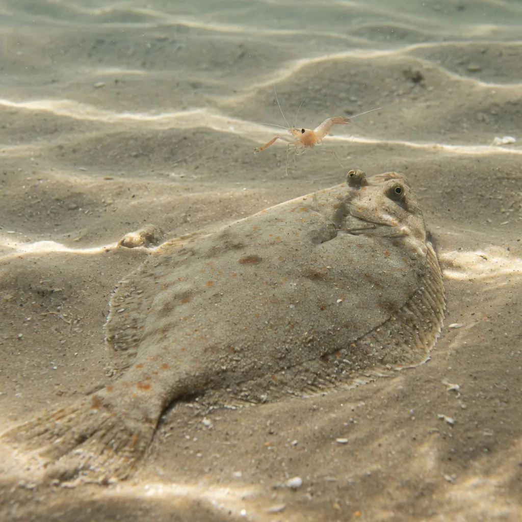 A flatfish half-buried in rippled sand on the ocean floor, with both eyes raised on top of its head, watching a small shrimp swim past