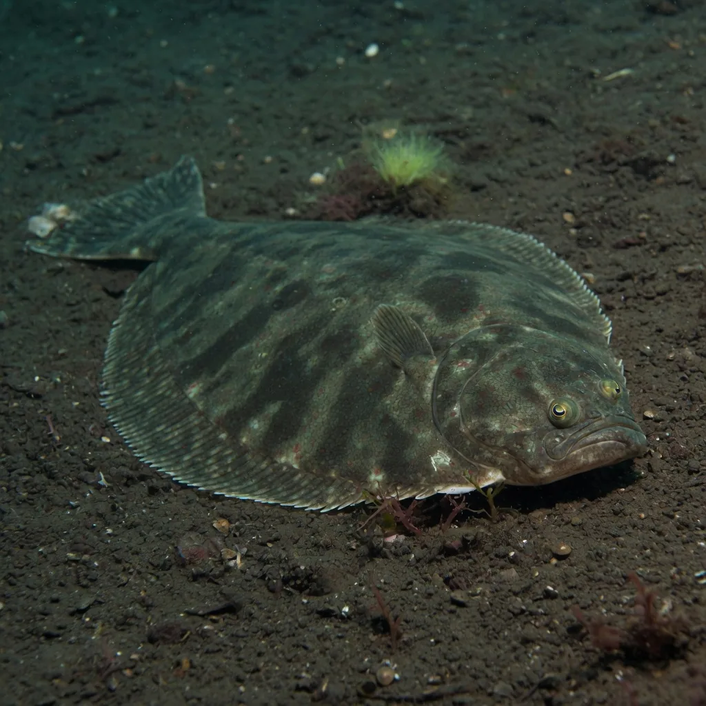 A winter flounder resting on a dark muddy seabed, eyes on the right side and a small mouth with no visible teeth