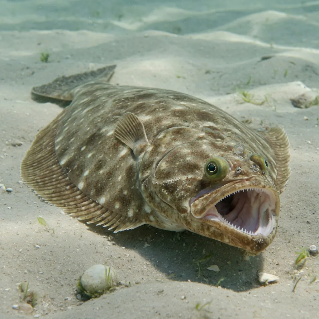 A fluke (summer flounder) lying in shallow sandy water, eyes on the left side and a wide gaping mouth showing rows of sharp teeth