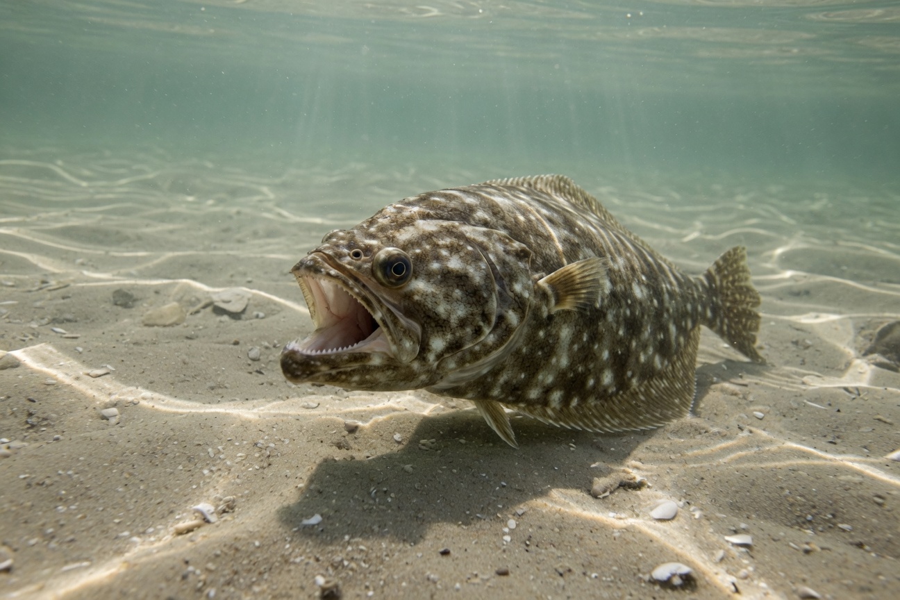 A flounder with its mouth wide open rests on a sandy ocean floor in shallow water.