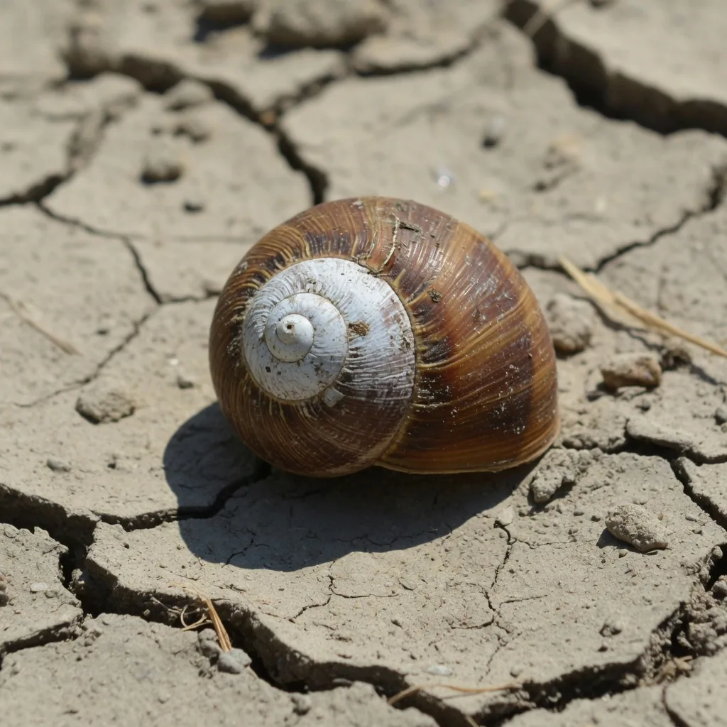 A snail sealed inside its shell on cracked, sun-baked mud during a drought