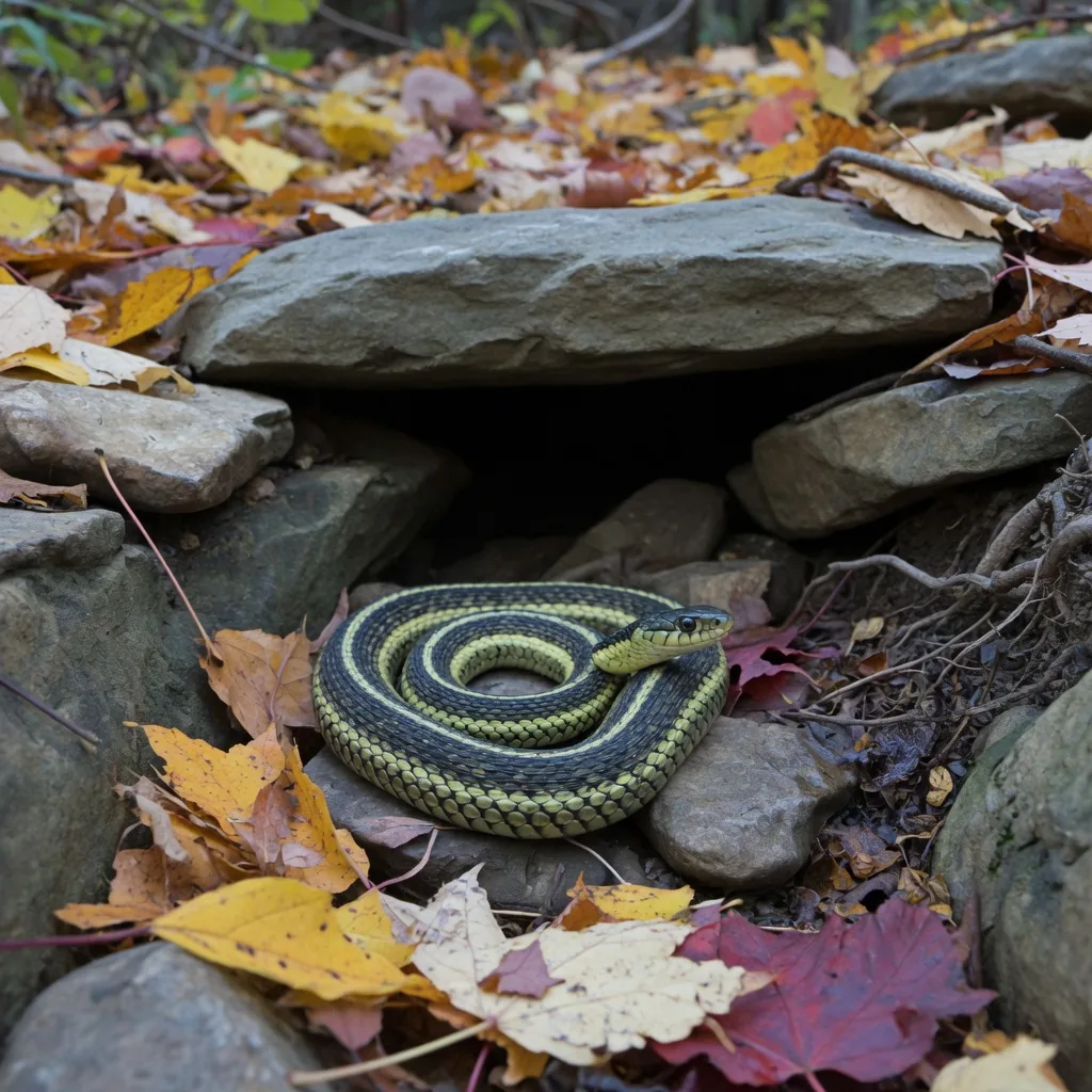 A garter snake resting at the entrance of a rocky den among autumn leaves on a cool sunny day