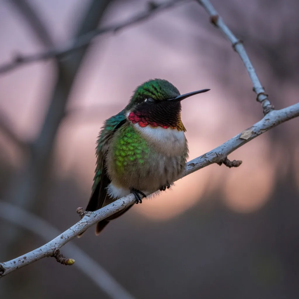 A small hummingbird perched on a twig at night with fluffed feathers, in nightly torpor