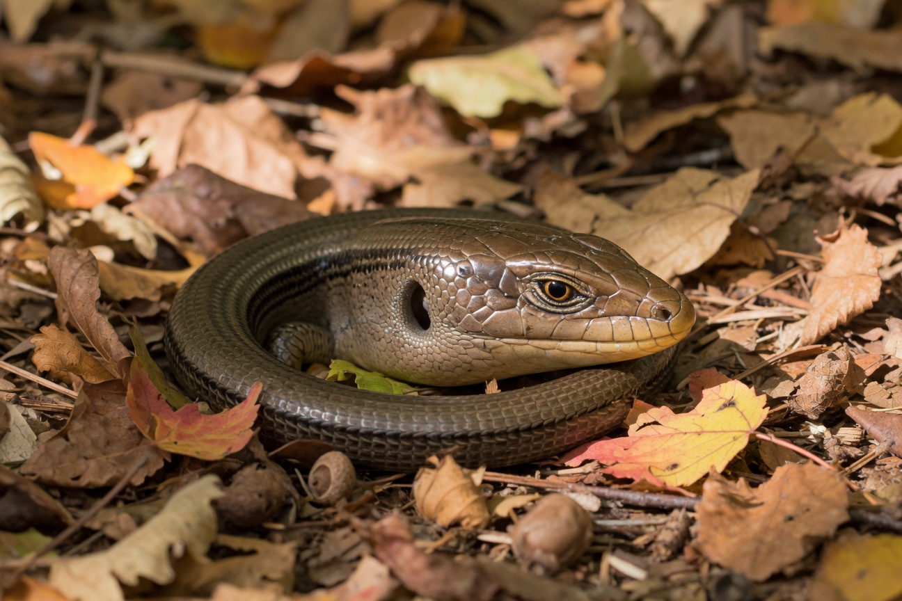 A legless lizard coils on the forest floor surrounded by dry leaves and acorns.