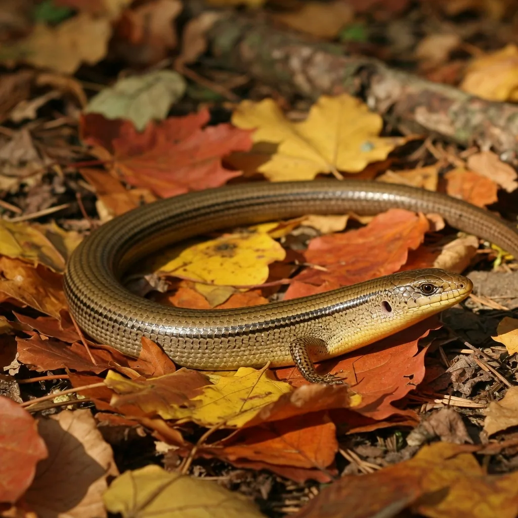 A bronze legless glass lizard coiled on woodland leaf litter, with a visible eyelid and small ear opening on its lizard-shaped head