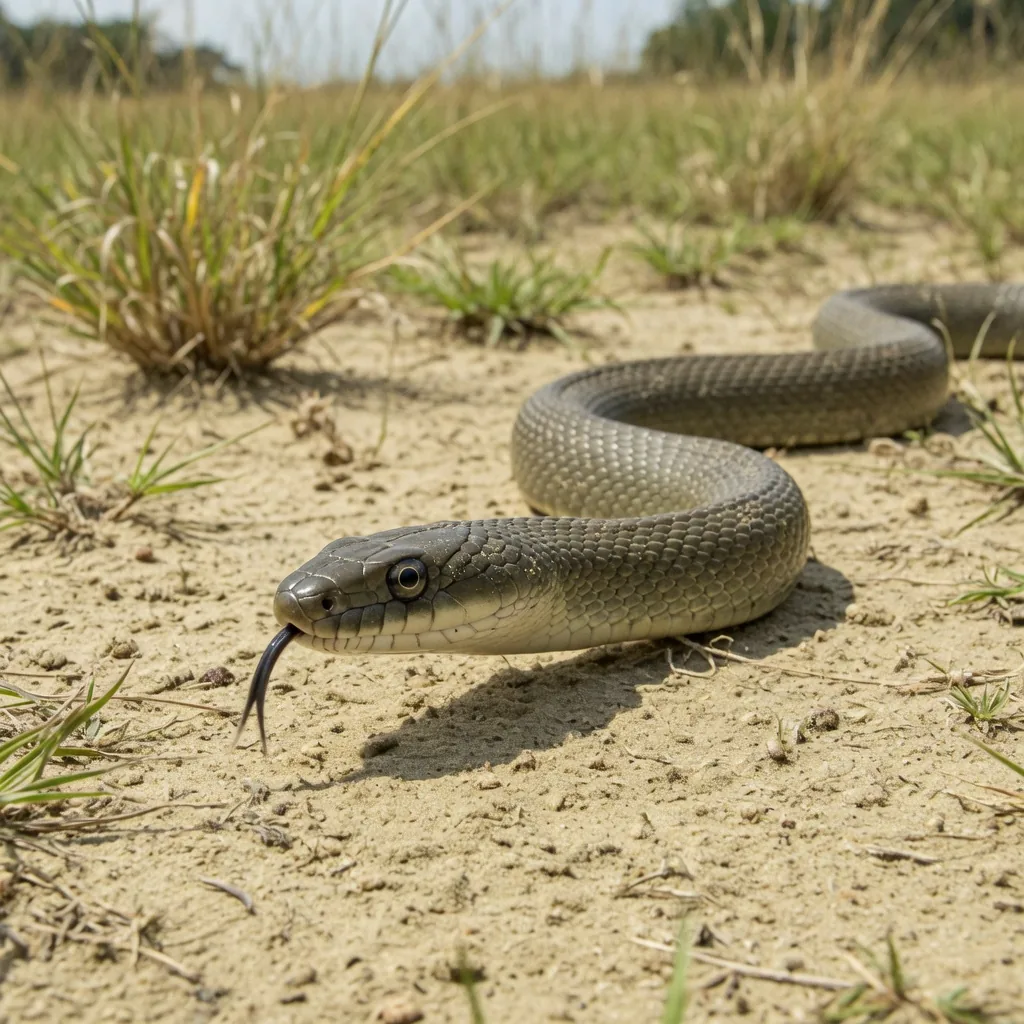 A smooth olive-gray snake gliding across sand, flicking its forked tongue, with a lidless eye and no ear opening