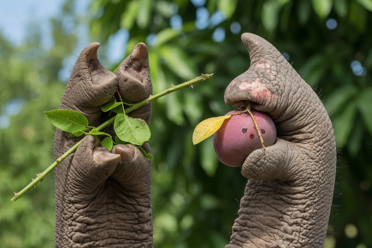 Close-up comparison of elephant trunk tips showing the two-finger African tip versus the single-finger Asian tip
