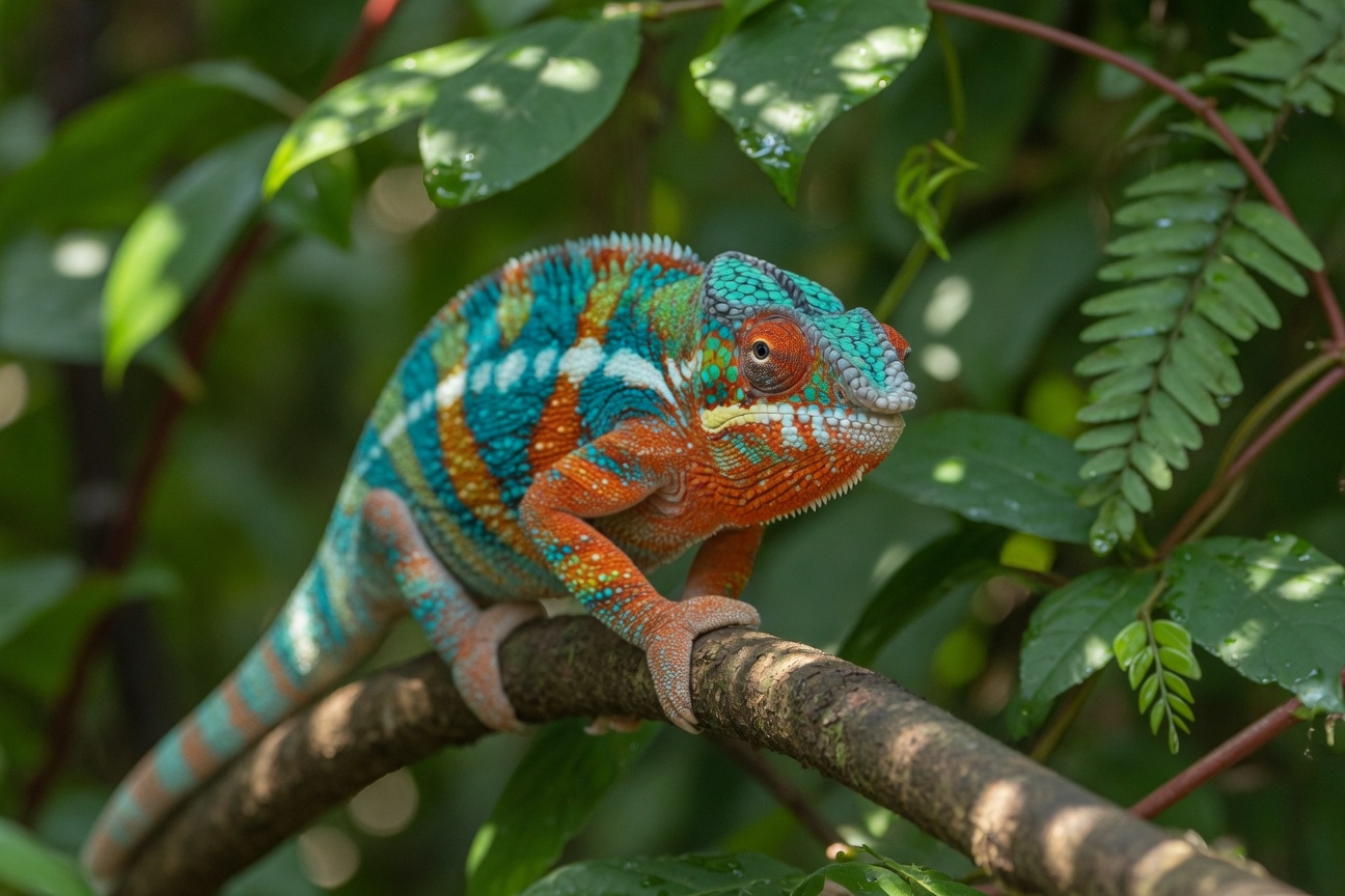 A vibrant chameleon with blue, green, and orange scales perches on a tree branch surrounded by green leaves.
