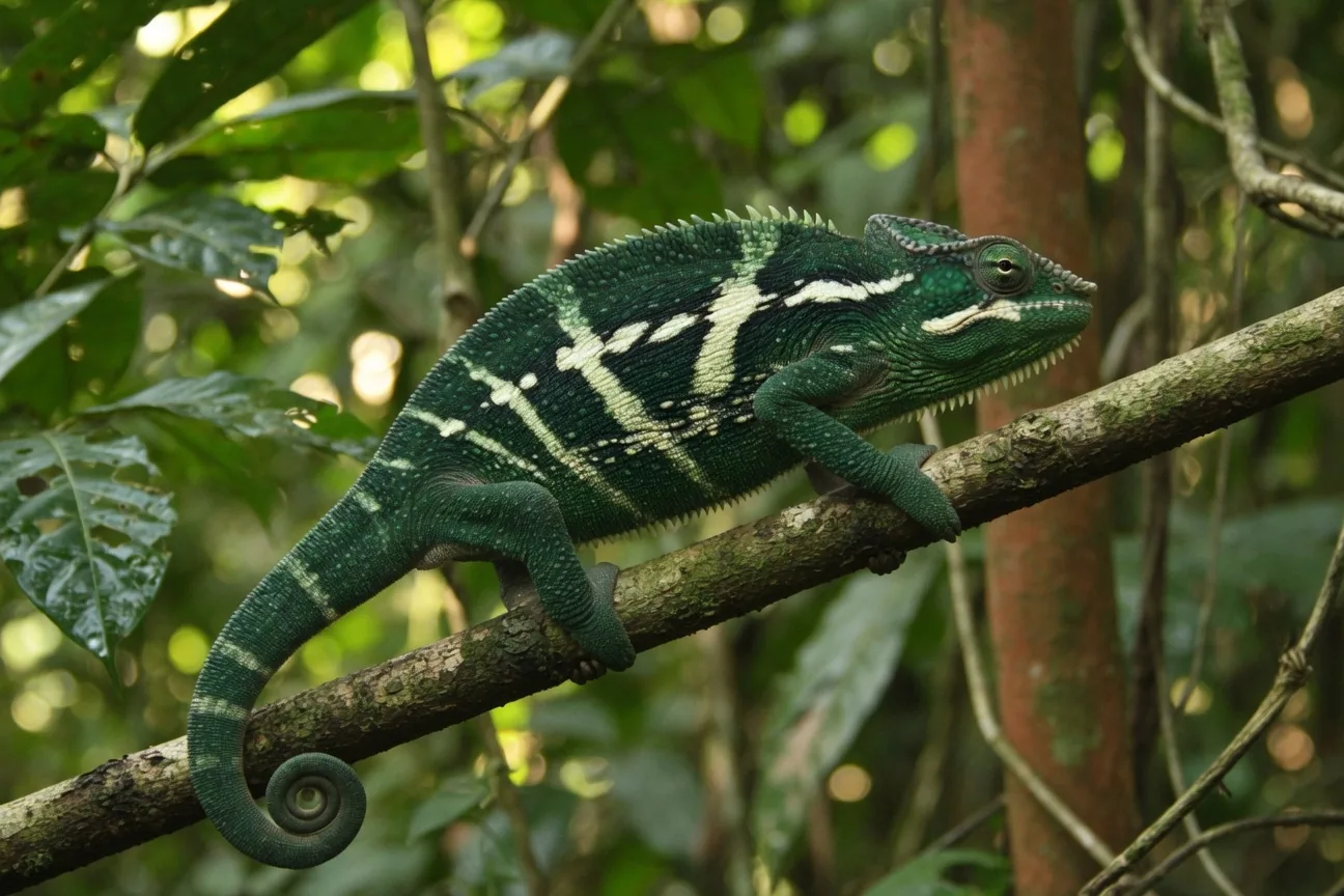 Large Meller's Chameleon with green body and white stripes on a branch