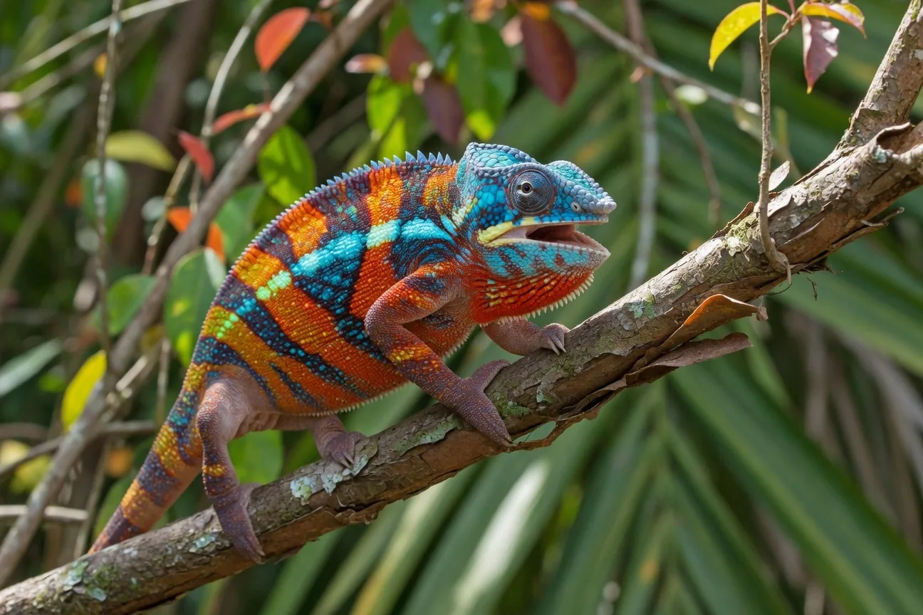 A fired-up male Panther Chameleon displaying vivid turquoise and orange warning colors