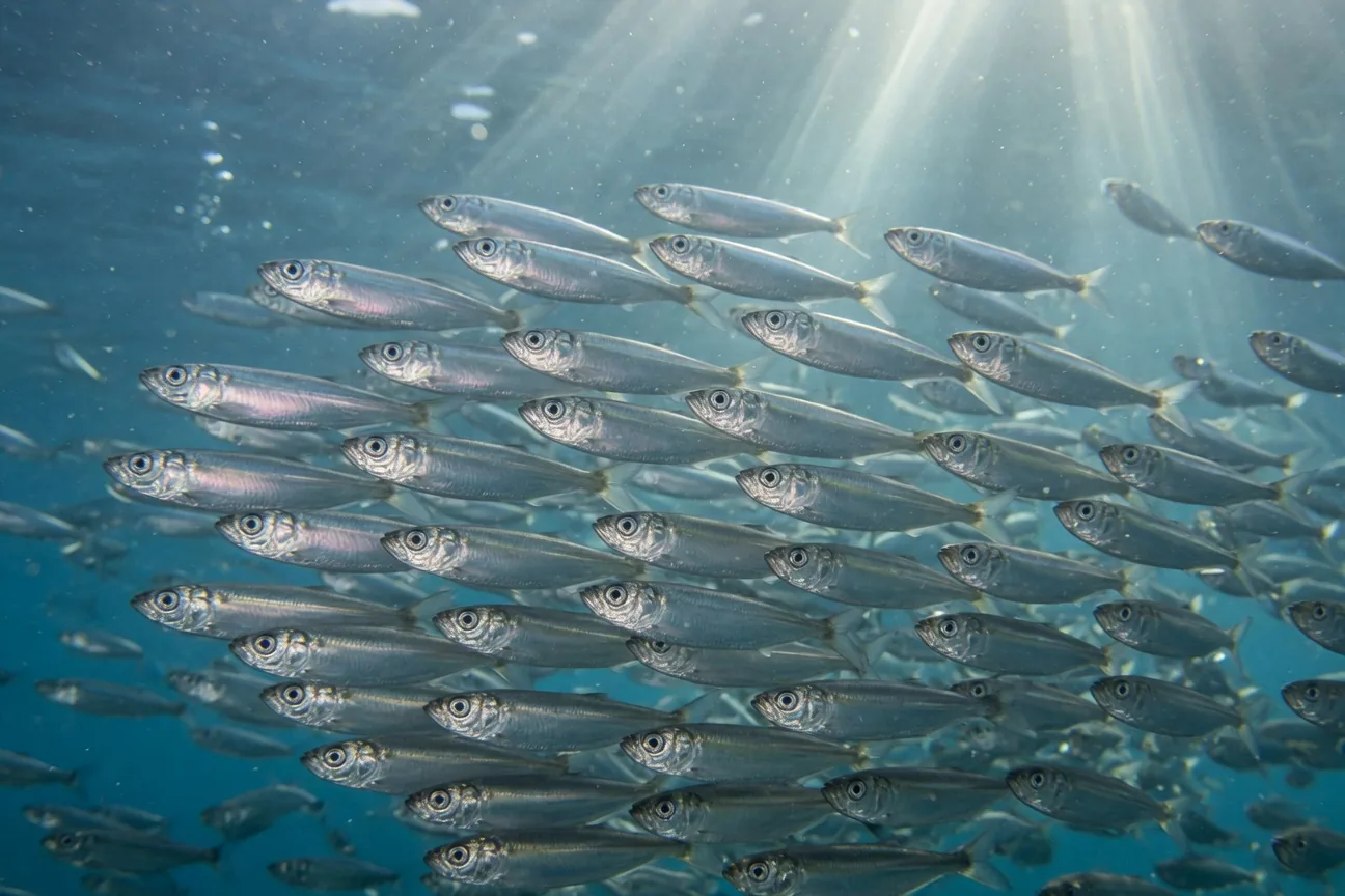 A large silvery school of fish swimming together in the open ocean