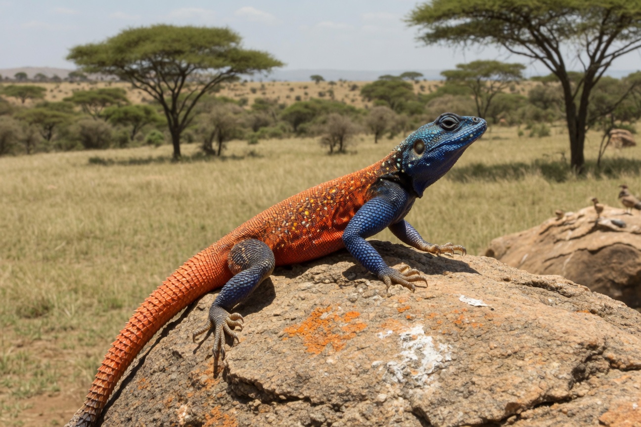 A vibrant blue and orange lizard perches on a rock in a grassy savanna with acacia trees.