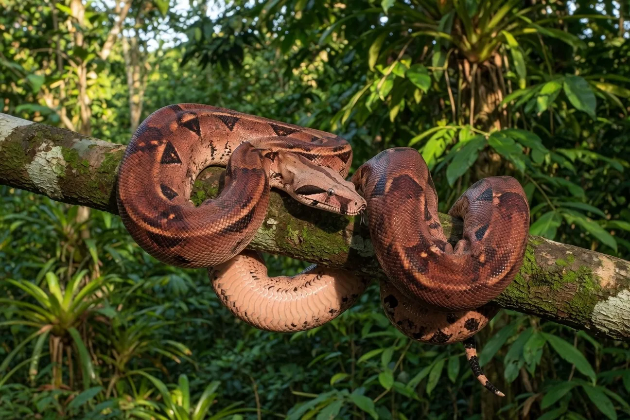 A large boa constrictor with reddish-brown saddle markings draped over a tropical tree branch