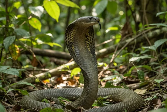King Cobra rearing up in rainforest with hood flared