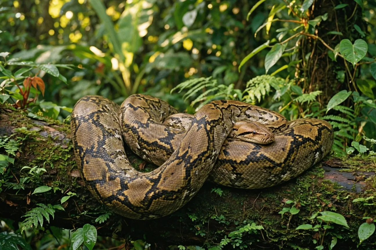 A large reticulated python with an intricate net-like golden and black pattern coiled on the forest floor