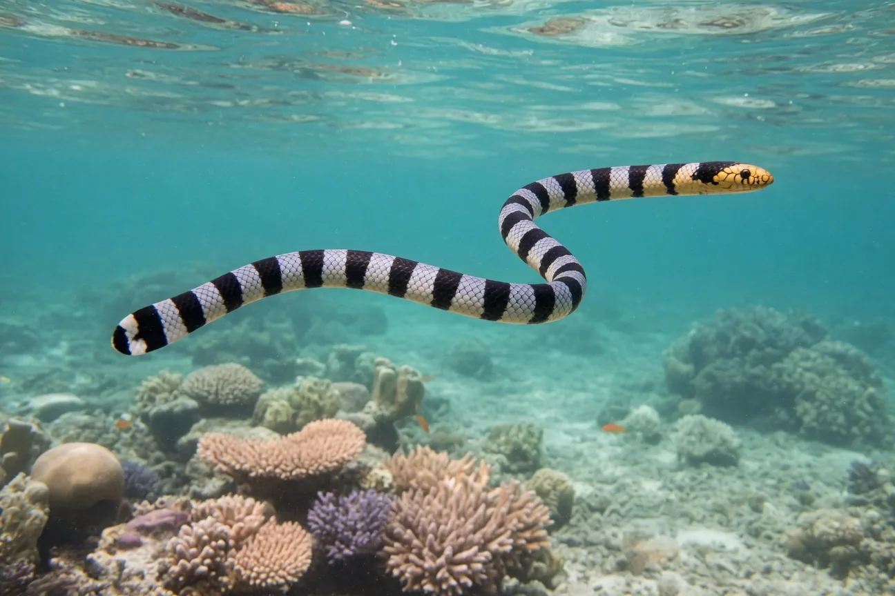 A banded sea snake swimming through clear turquoise ocean water with a paddle-shaped tail