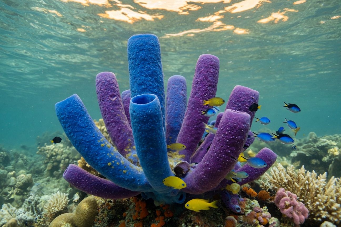 Vibrant blue and purple tube sponges grow on a coral reef with small yellow and blue fish swimming around them.