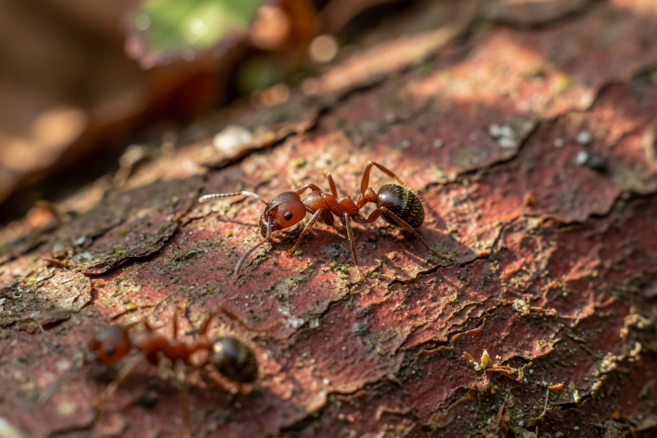Two reddish-brown ants crawling on rough tree bark.