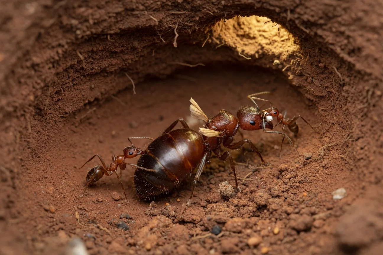 A fire ant queen in an underground chamber surrounded by attendant workers, notably larger with wings