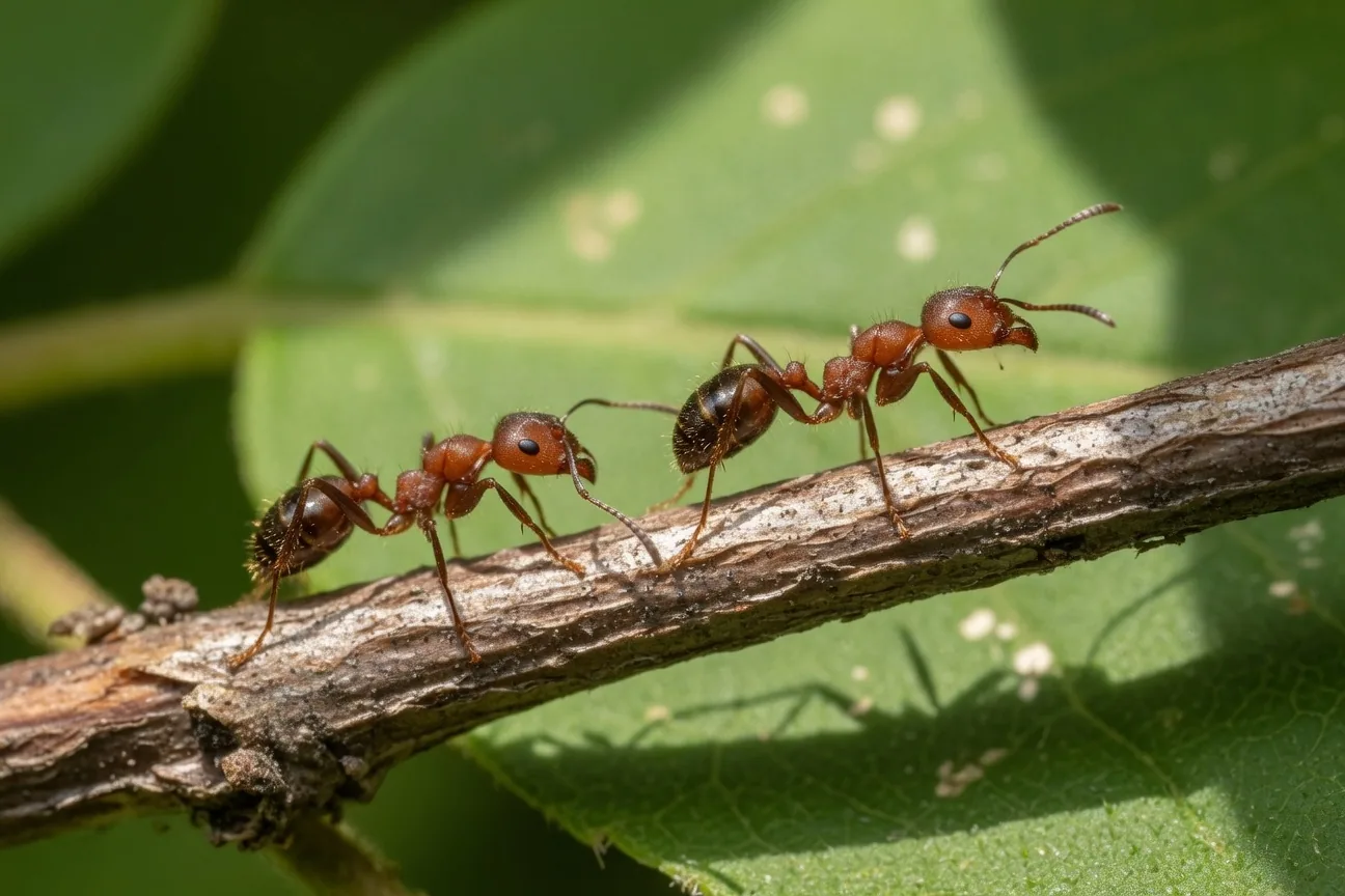 Two fire ants side by side on tree bark, one active and moving, one resting with antennae lowered