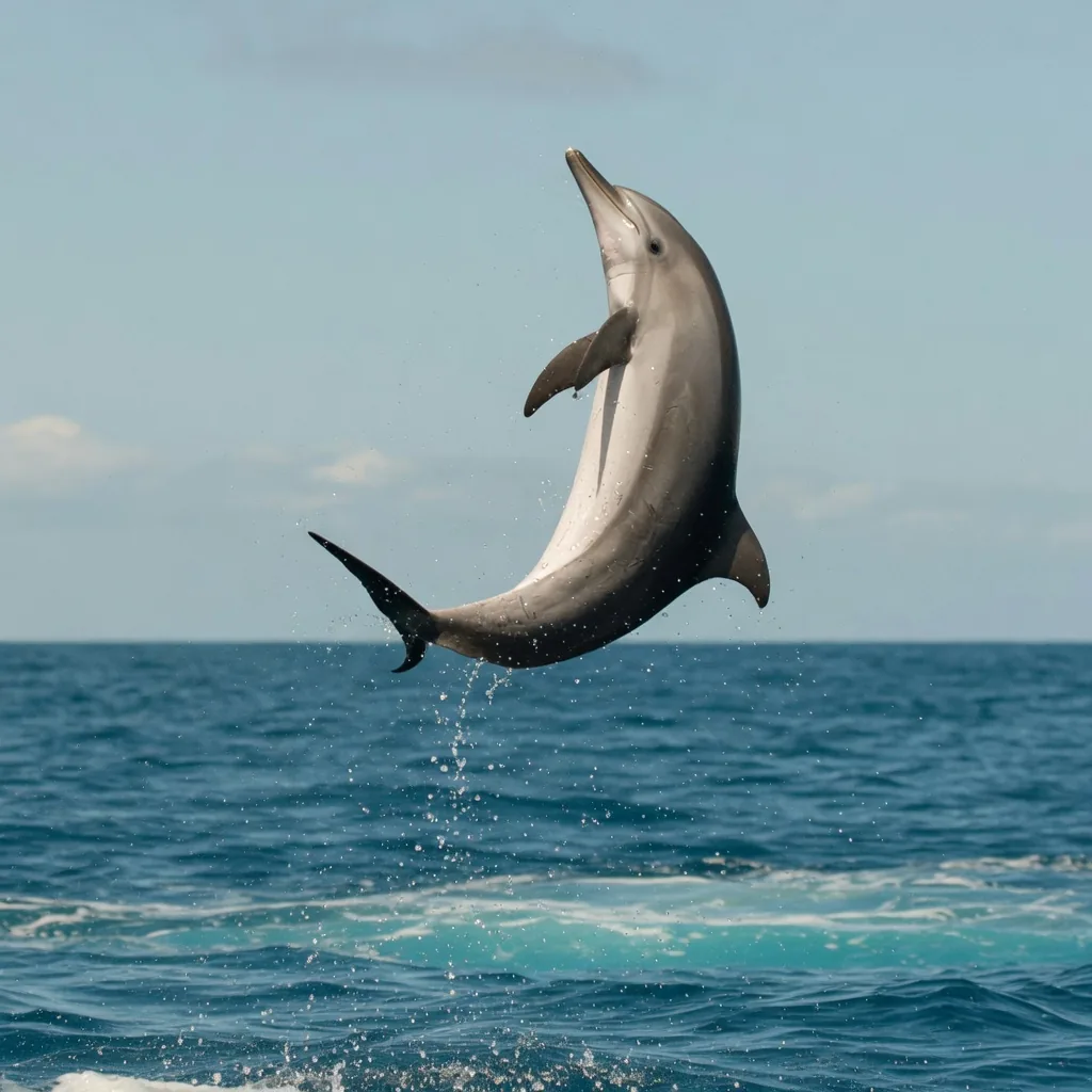 A spinner dolphin leaping out of the ocean in a spectacular spin