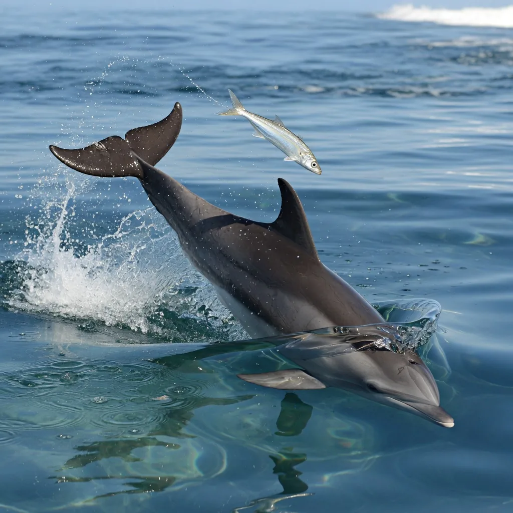 A bottlenose dolphin using its tail fluke to stun a fish, a hunting technique called fish-whacking