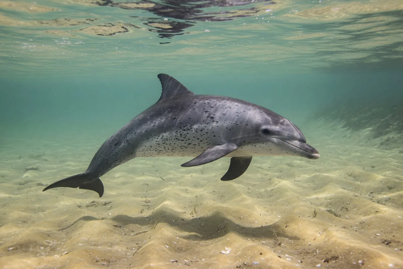 Atlantic Spotted Dolphin swimming in shallow sunlit coastal water