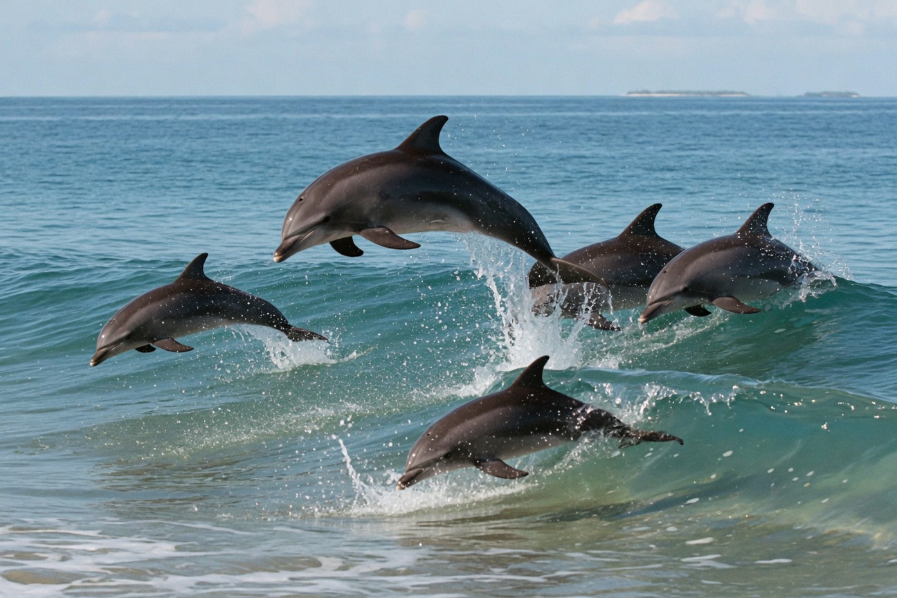 Five dolphins leap from the ocean, splashing water with a distant island on the horizon.