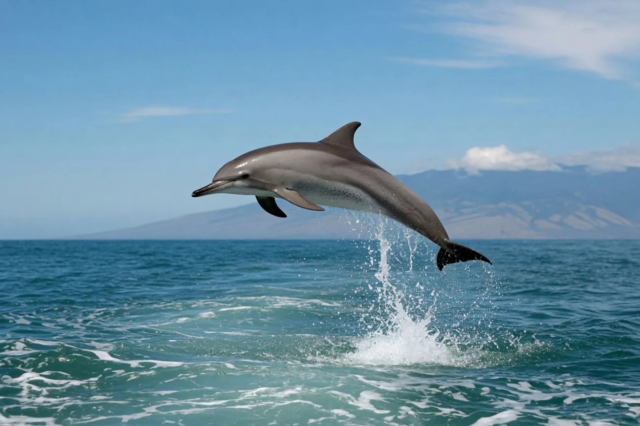 Spinner dolphin leaping and spinning above the tropical ocean surface