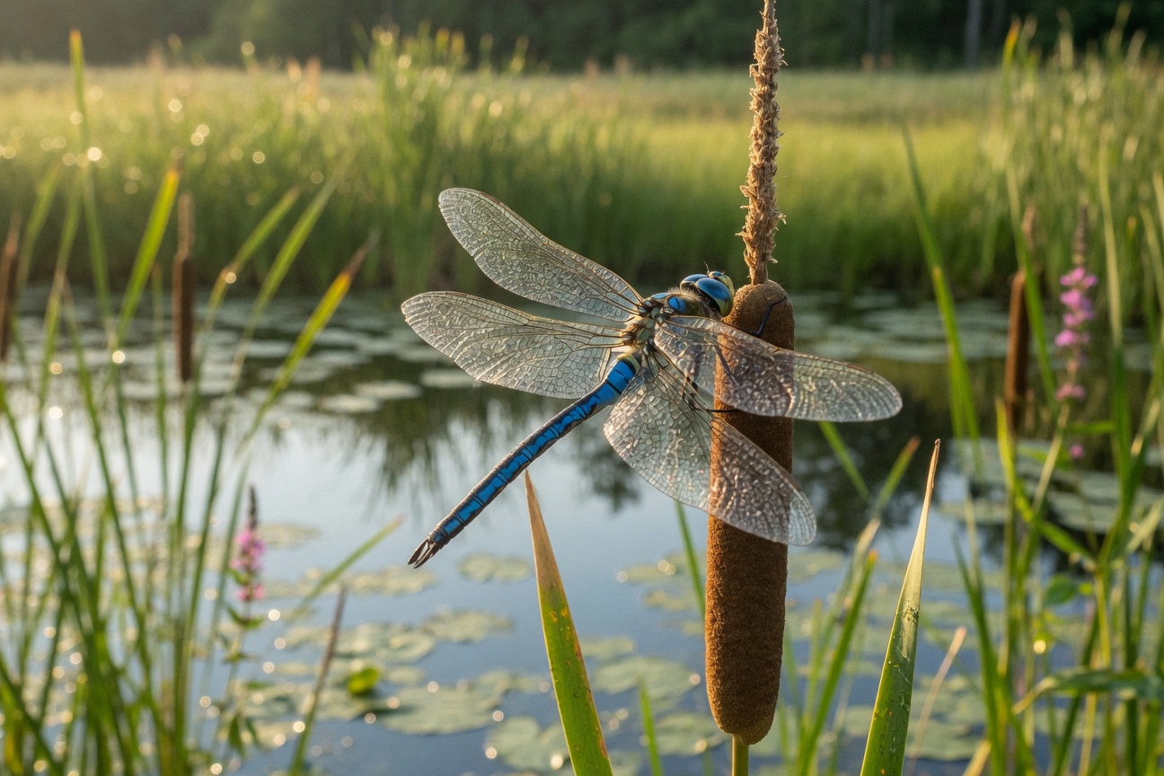A blue dragonfly perches on a cattail stem in a sunlit pond surrounded by green reeds and lily pads.