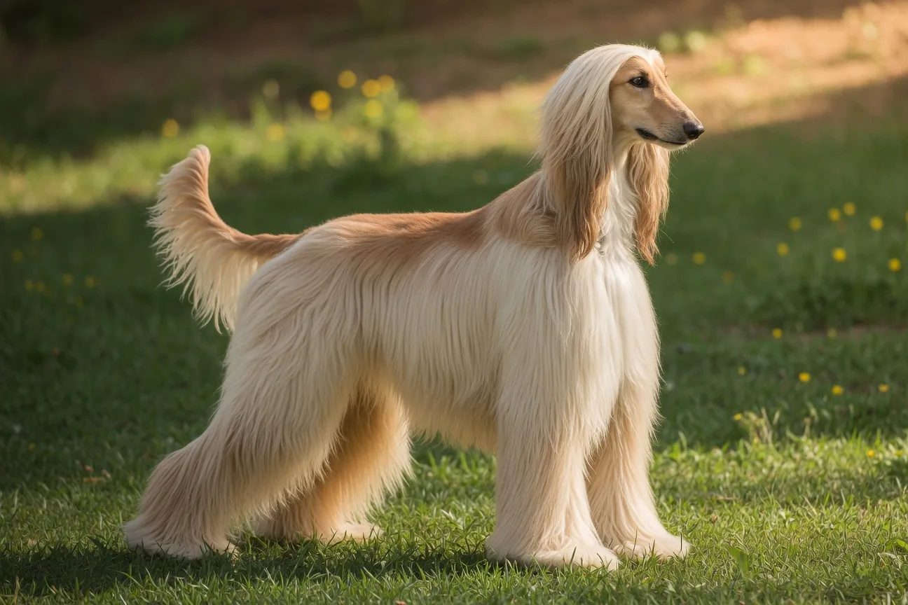 Afghan Hound with long silky flowing hair, looking regal and aloof