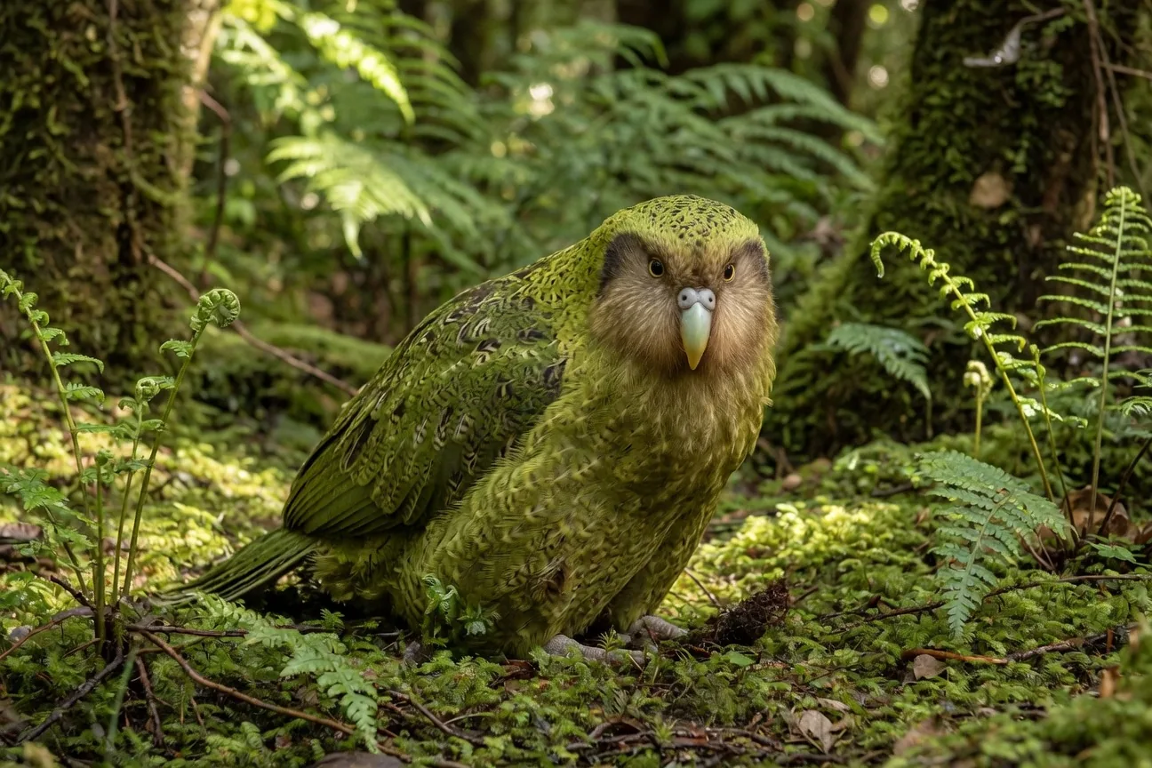 A kakapo parrot frozen completely still on a New Zealand forest floor