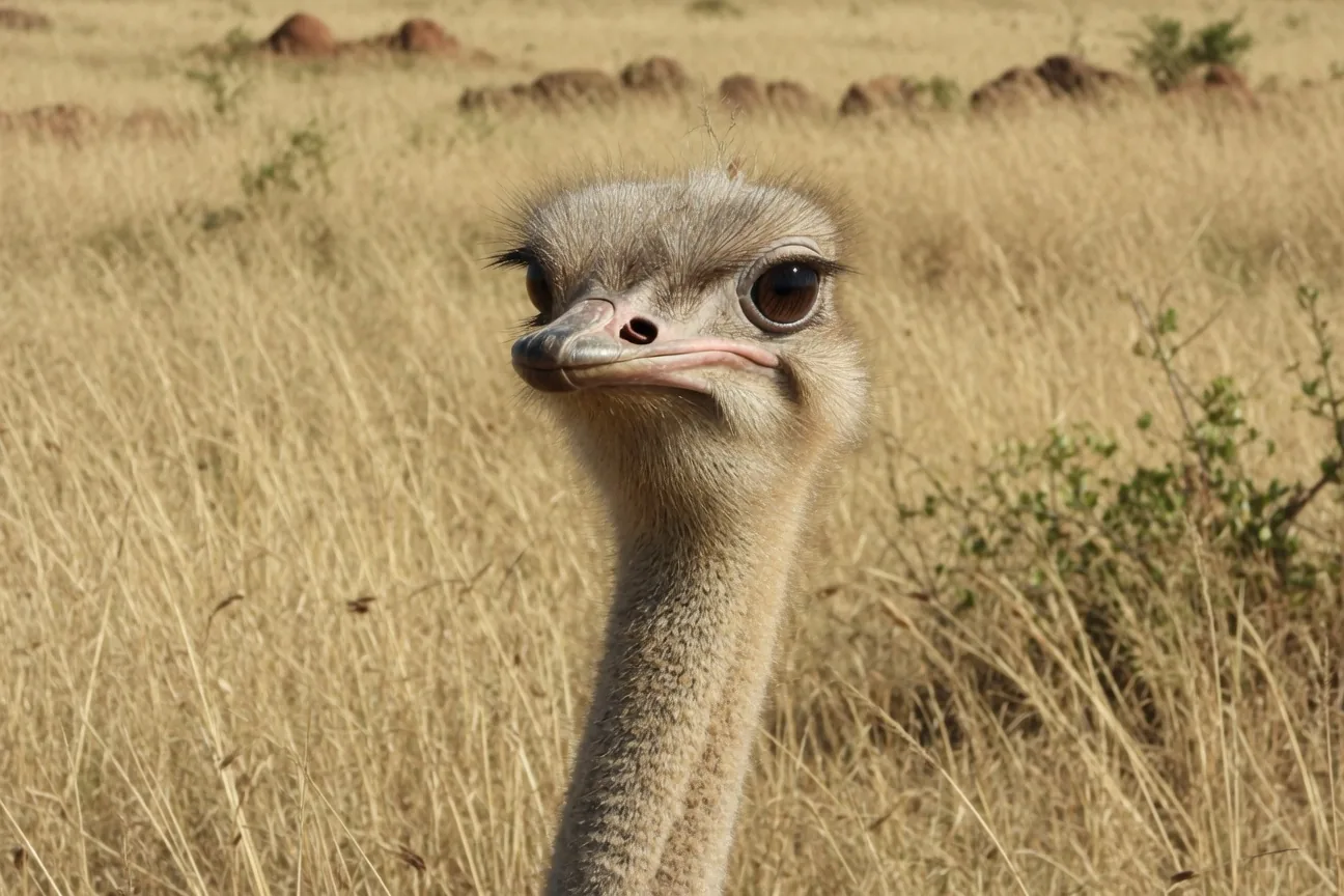 An ostrich on African savanna with enormous eyes, tiny brain visible through the proportions of its head