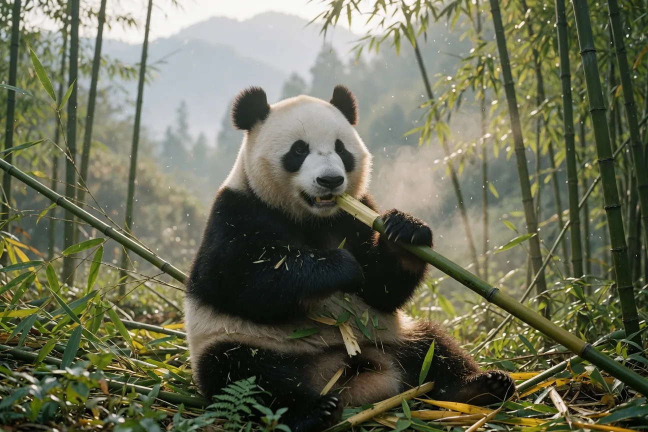 Giant panda sitting in bamboo forest, lazily chewing bamboo