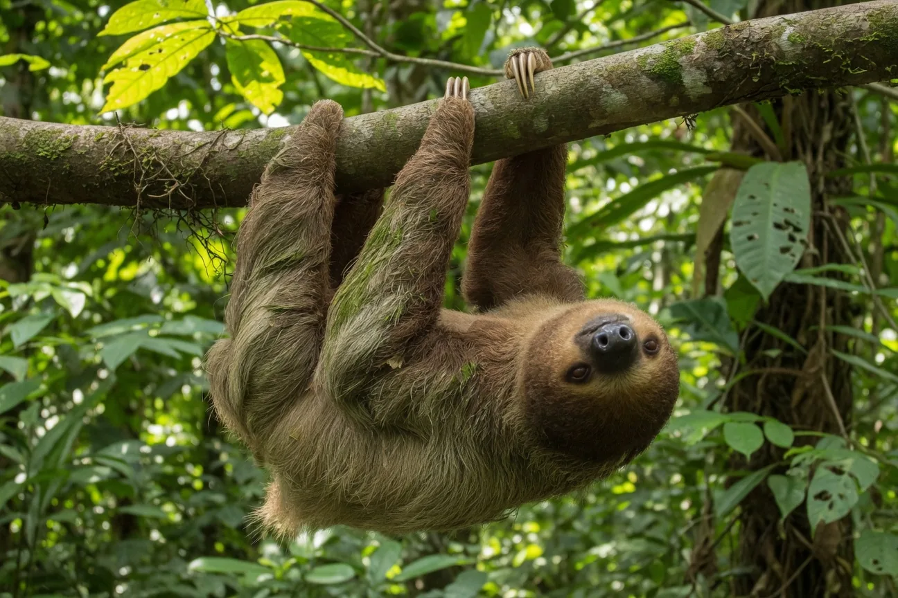 A sloth hanging upside down from a rainforest branch with a slow drowsy expression
