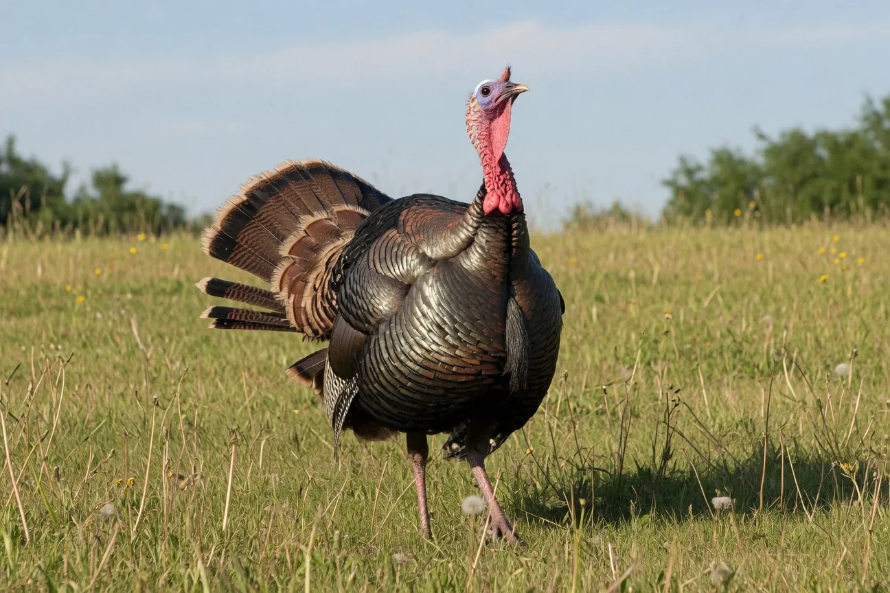 Wild turkey in a grassy meadow with its head tilted back, staring at the sky