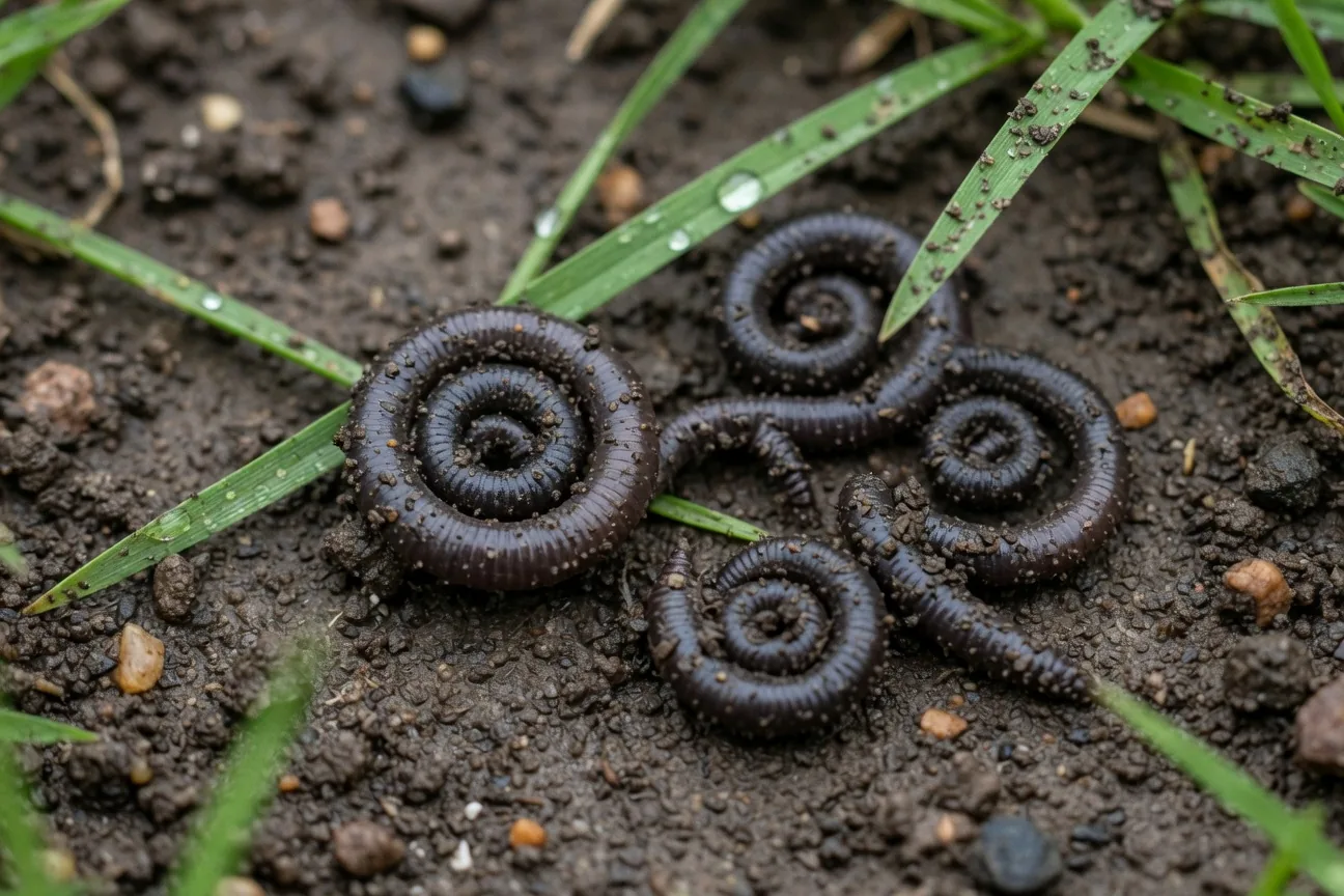Coiled earthworm castings on dark moist garden soil, showing the nutrient-rich waste material earthworms leave behind
