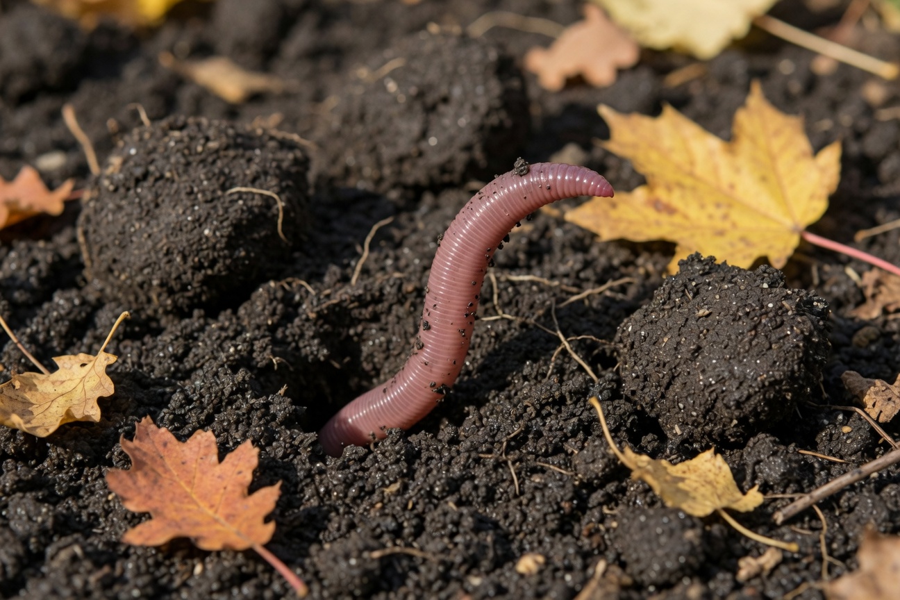 An earthworm emerges from dark soil scattered with fallen yellow and brown leaves.