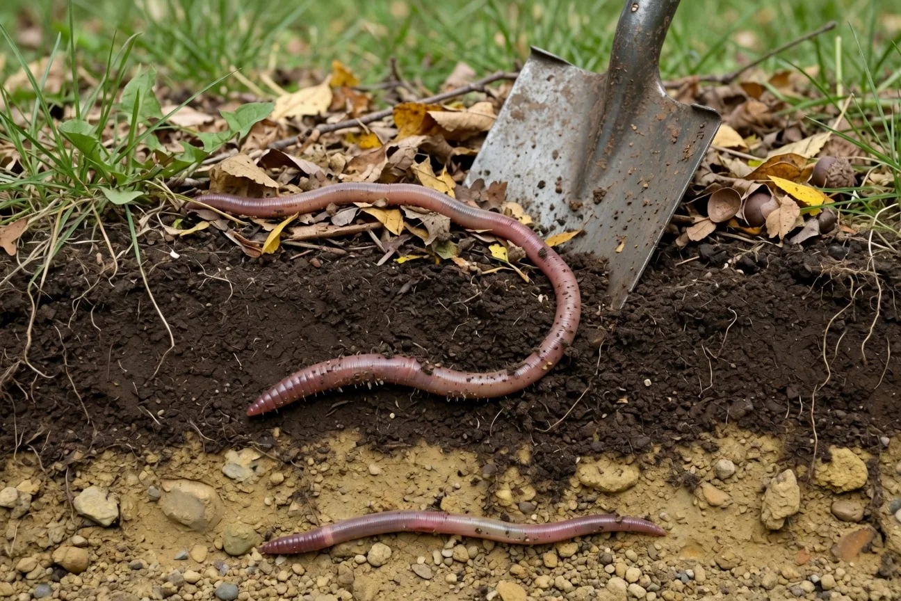 Cross-section diagram showing epigeic, endogeic, and anecic earthworm species living at different soil depths
