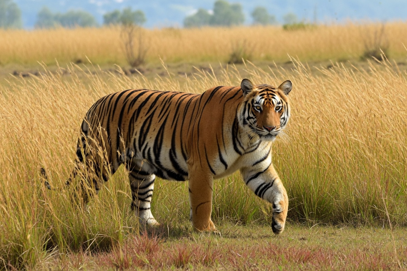 A tiger walks through tall, dry grass in a field with trees in the distance.