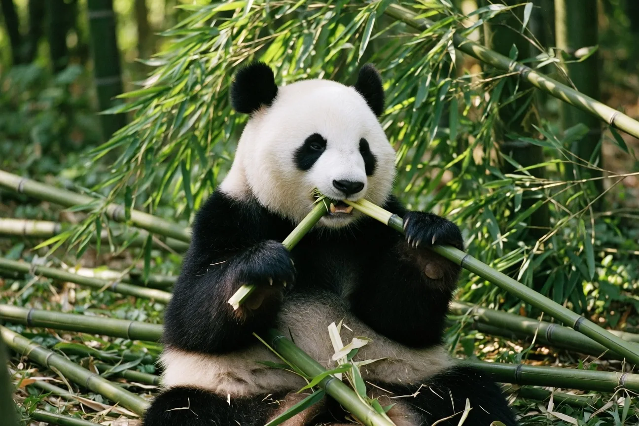 Giant panda eating bamboo in a misty forest