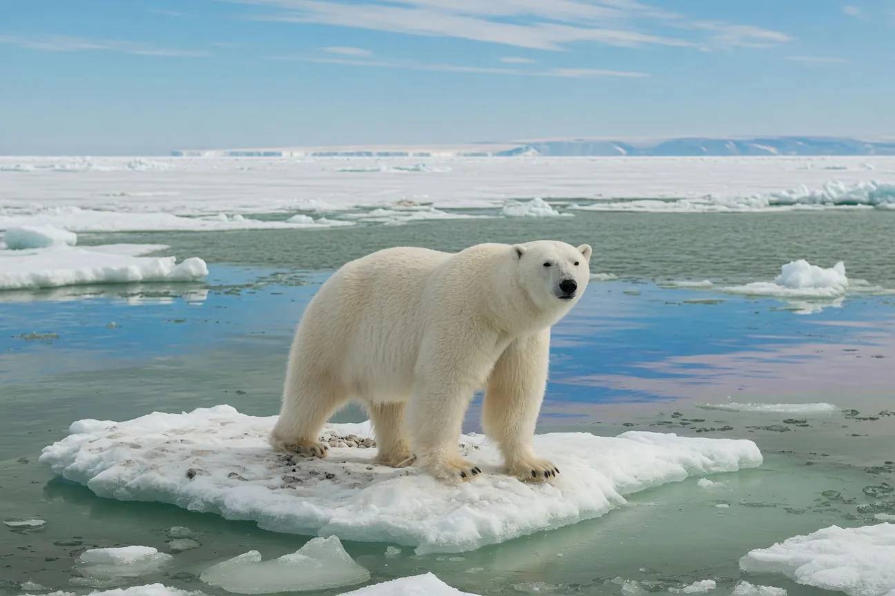 Polar bear walking across melting Arctic sea ice