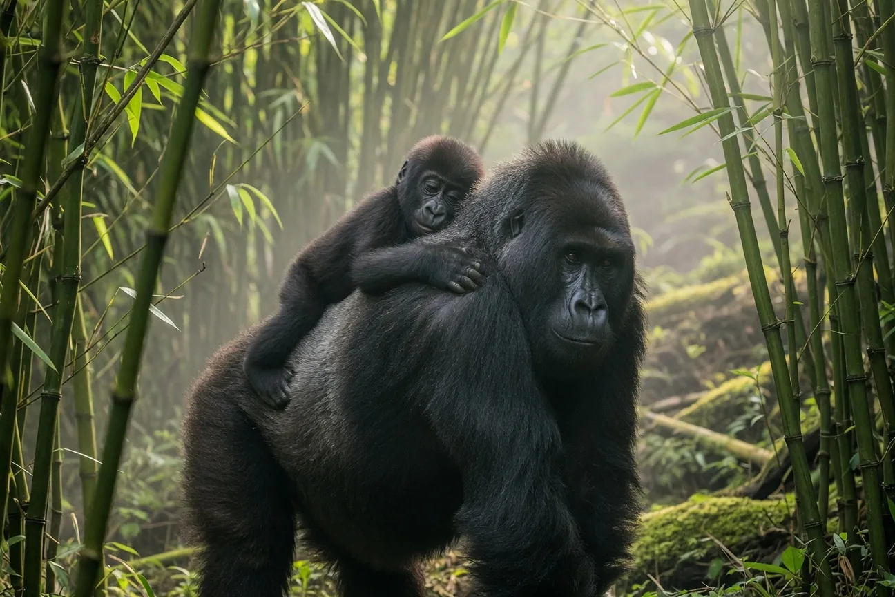 Mother mountain gorilla carrying her baby through bamboo forest in Rwanda