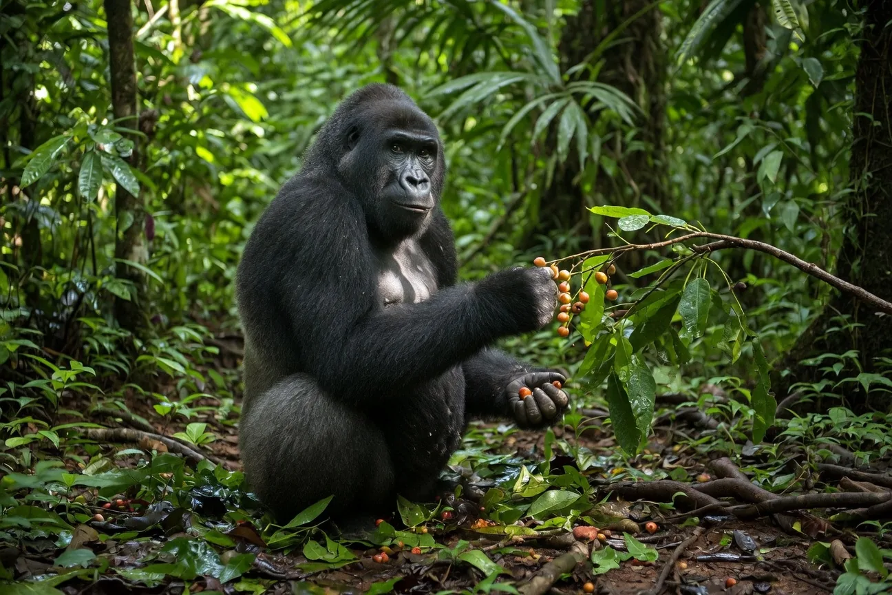 Western lowland gorilla foraging for fruit in a Central African rainforest
