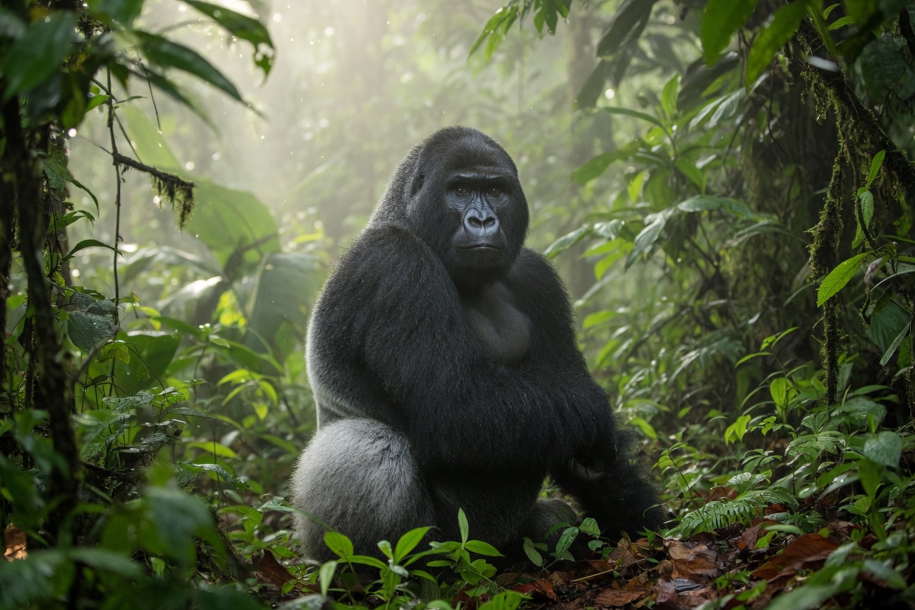 A silverback gorilla sits amidst lush green foliage in a misty rainforest setting.