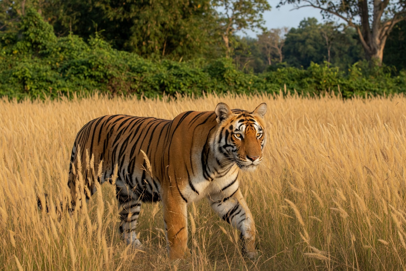 A tiger walks through tall golden grass with a forest in the background.