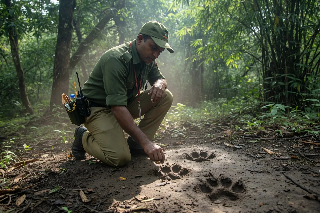 Wildlife ranger examining tiger tracks in the forest, anti-poaching patrol in India