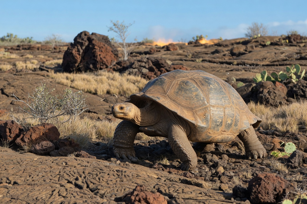 A giant tortoise walks across dark volcanic rocks and dry grass near a cactus with smoke rising in the distance.