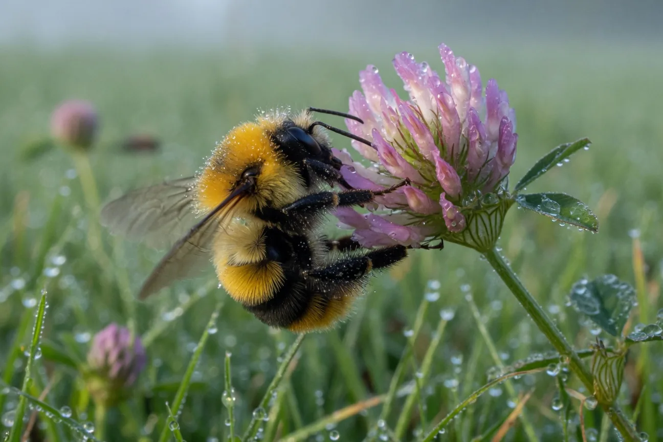 A bumble bee vibrating its wings rapidly on a cold morning to warm its flight muscles before taking flight